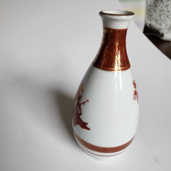 Vintage Japanese Sake Bottle Vase Porcelain Red Gold Peacock Floral Decor‎ - Picture 6 of 7